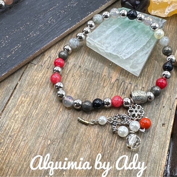 Alquimia Silver and Red Charm Bracelet with Beaded Elegance ruby obsidian moonst - Picture 1 of 1